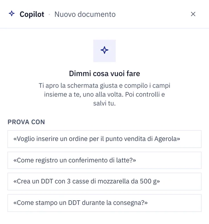Il pannello dell’assistente IA di Oltre aperto su Nuovo documento, con gli esempi di richieste